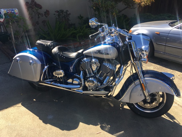 Blue and white Indian motorcycle after detailing