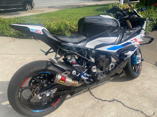 BMW sport bike with blue and white livery