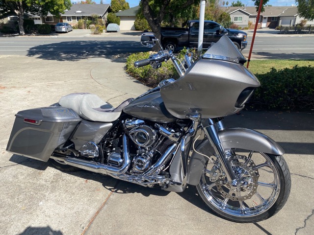 Silver Harley-Davidson touring bike with chrome details